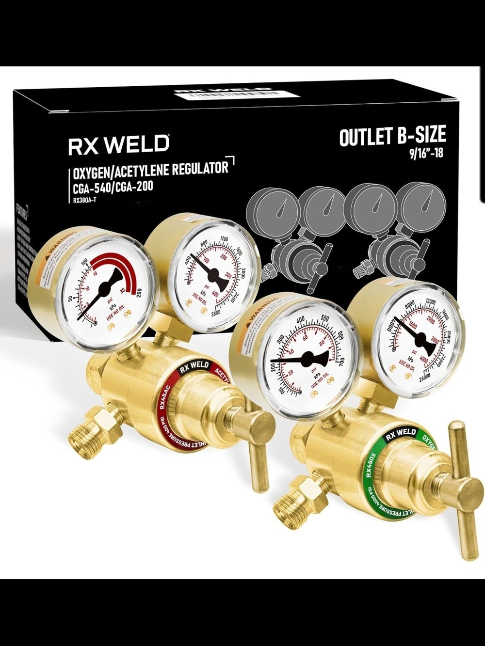 RX Weld Brass Oxygen/Acetylene Regulator Set in Gold